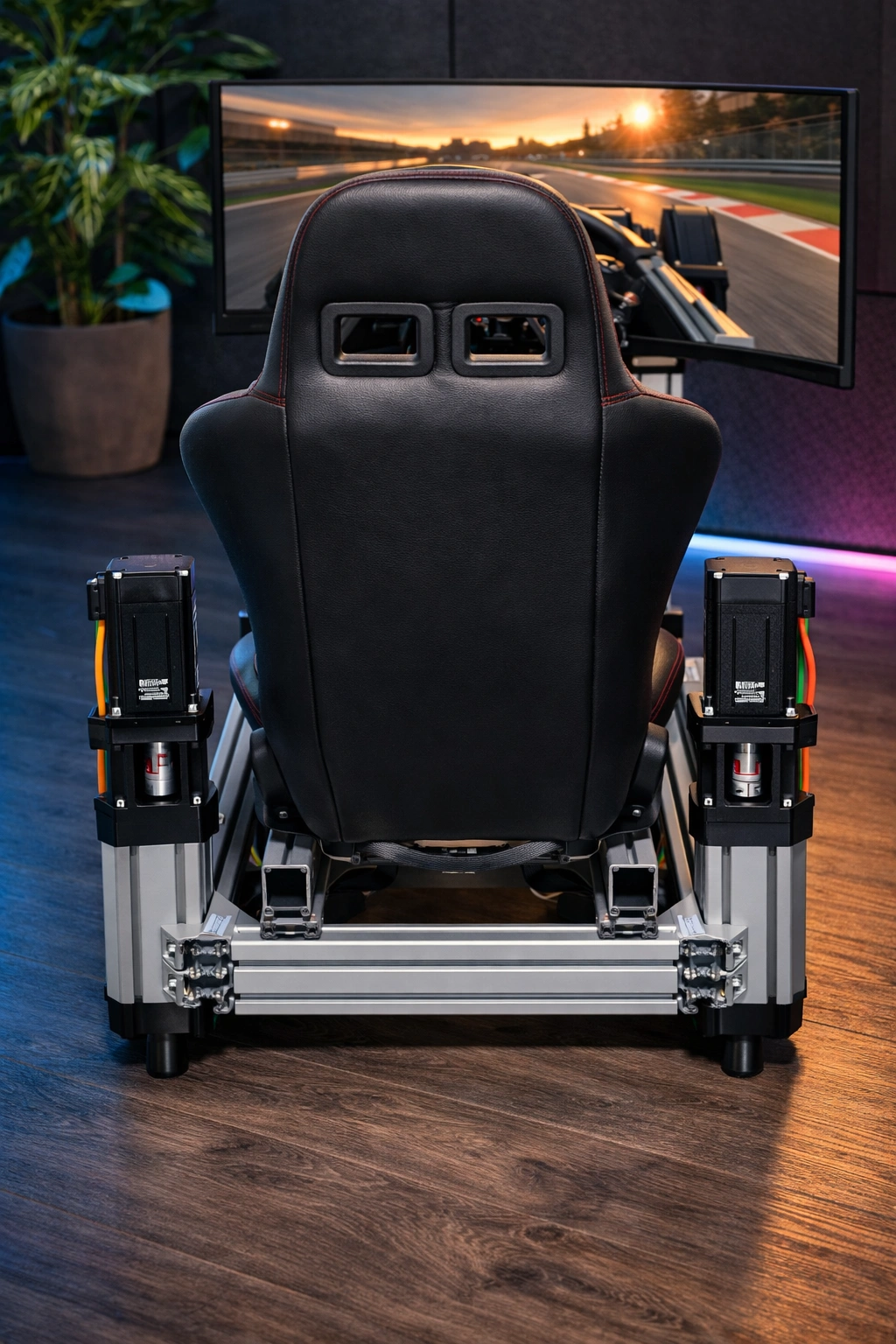 Driver seated in a SymDynamics motion simulator