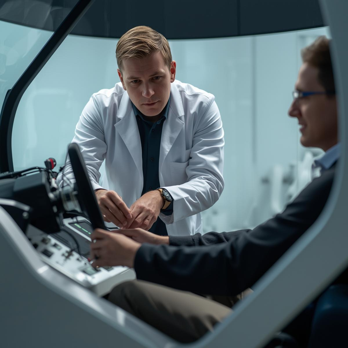 Engineer assisting client with simulator setup